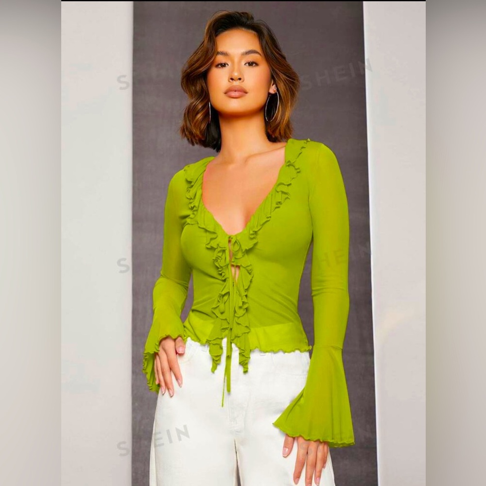 Green Ruffled Mesh Blouse